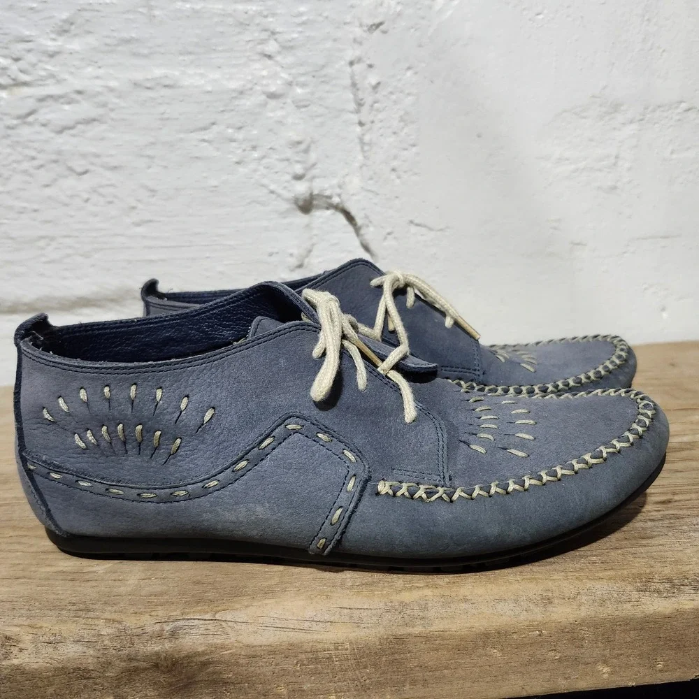Hush Puppies Easy Times Blue Leather Whipstitch Embroidered Lace Up Loafers 8D